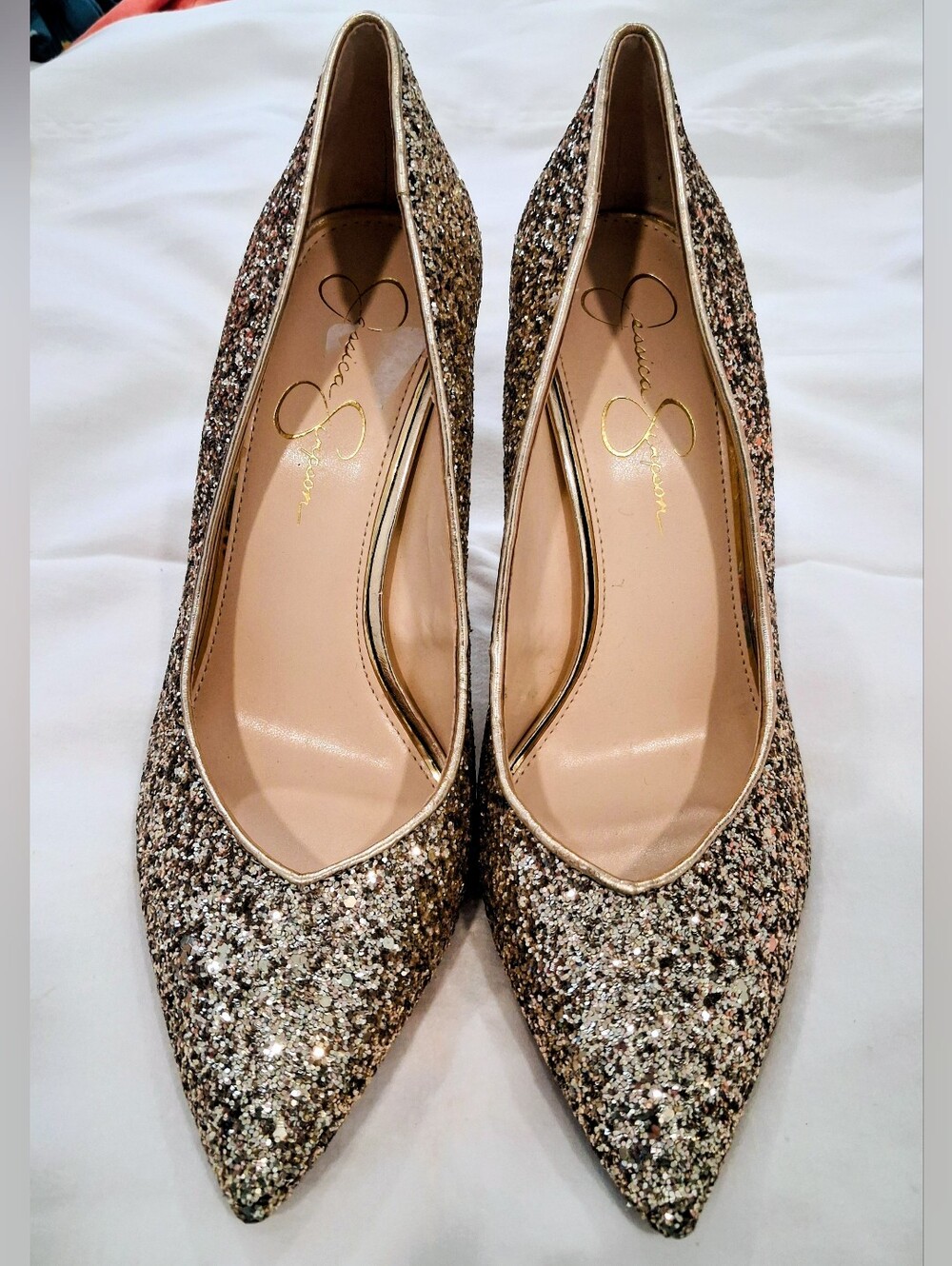 New Jessica Simpson Glitter Pointed Toe Pumps in Gold Size 10